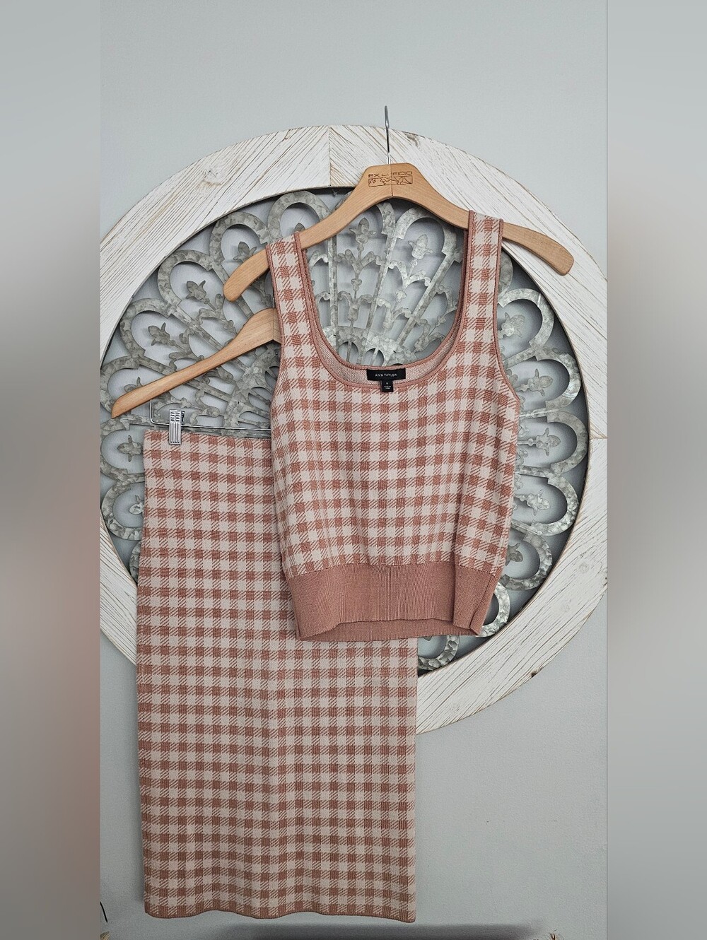 Ann Taylor Checked Knit Tank and Skirt Set - Beige & Cream